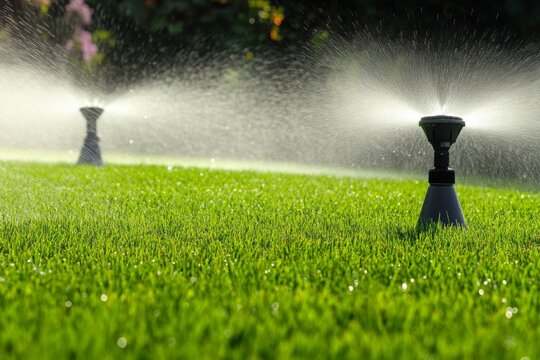 Automatic sprinklers efficiently water lawns during the summer months, ensuring lush and healthy grass in residential gardens. The system distributes water evenly for optimal growth