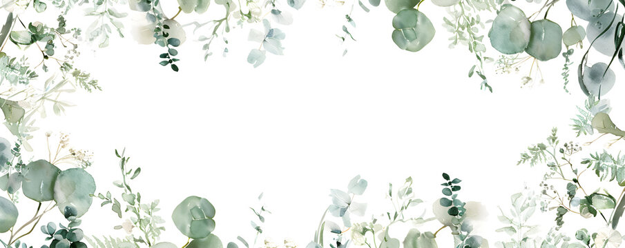 Elegant watercolor frame with eucalyptus leaves and greenery. Botanical border illustration for a wedding invitation card. Horizontal banner with copy space