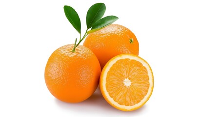 Three vibrant ripe oranges with fresh green leaves and one sliced in half on a clean white background