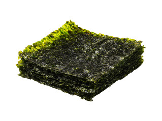 Stack of dried roasted seaweed nori sheets isolated on transparent or white background, png