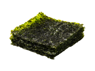 Stack of dried roasted seaweed nori sheets isolated on transparent or white background, png