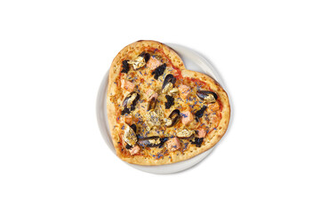 Gourmet seafood pizza created in a heart shape on a white background