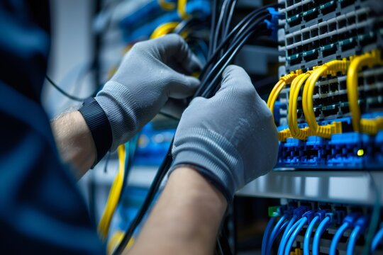 It technician connecting network cables in data center server rack