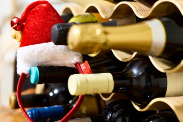 Bottle rack. Bottles of champagne and wine in a bottle rack.