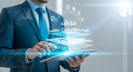 Illustration of a businessman in a suit is using a tablet with a futuristic interface, showcasing data analysis and technological advancement in a modern setting