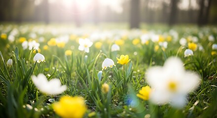 Spring meadow with white and yellow flowers bathed in morning sunlight