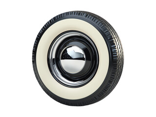 Vintage car wheel with white wall tire isolated on transparent or white background, png