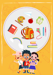 Cartoon school kids with backpack and supplies on a colorful yellow background