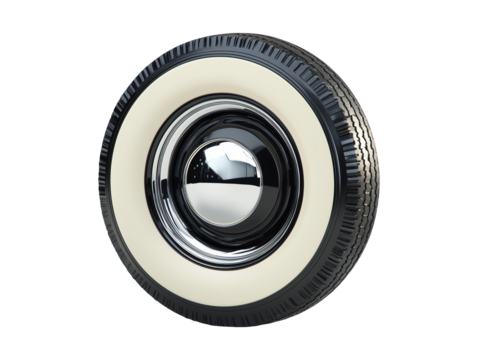 Vintage car wheel with white wall tire isolated on transparent or white background, png