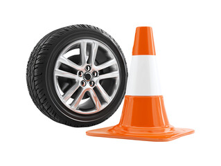Car wheel and orange traffic cone isolated on transparent or white background, png