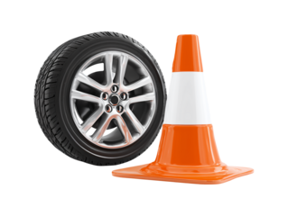 Car wheel and orange traffic cone isolated on transparent or white background, png