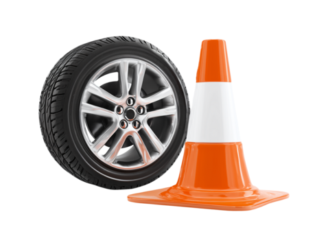 Car wheel and orange traffic cone isolated on transparent or white background, png