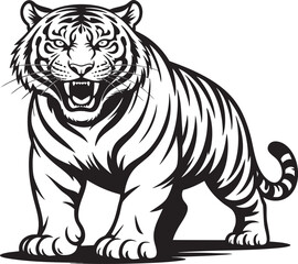 A black and white illustration of a powerful tiger standing with its mouth open in a roar, showcasing its distinctive stripes.