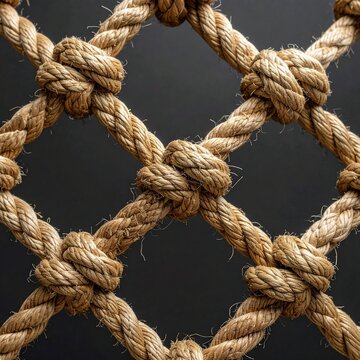Nautical rope net with knotted intersections against a dark background providing texture and strength.