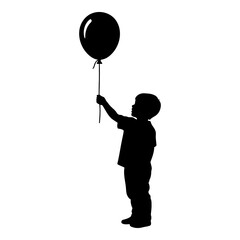 Black silhouette of a young boy holding a balloon against a white background child 1