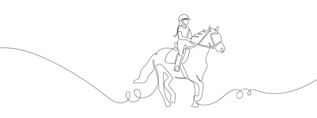 Female equestrian in one continuous line line design vector illustration Editable stroke.