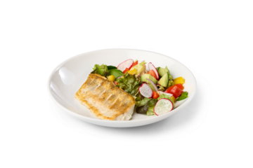 Grilled fish fillet on a white plate with colorful fresh mixed vegetable salad