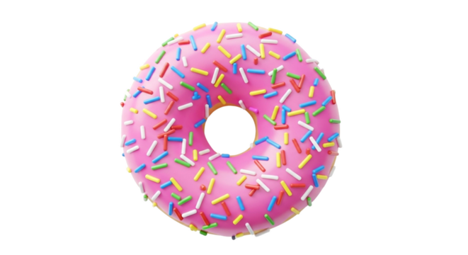 Pink frosted donut with colorful sprinkles on black background