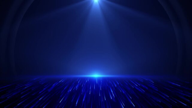 Elegant dark stage background with blue glitter, spotlight beams, and abstract curved arches. Perfect for awards, ceremonies, product showcases, or luxury-themed presentations.