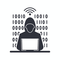 Anonymous hooded figure surrounded by multiple computer monitors shows digital network connections around the person