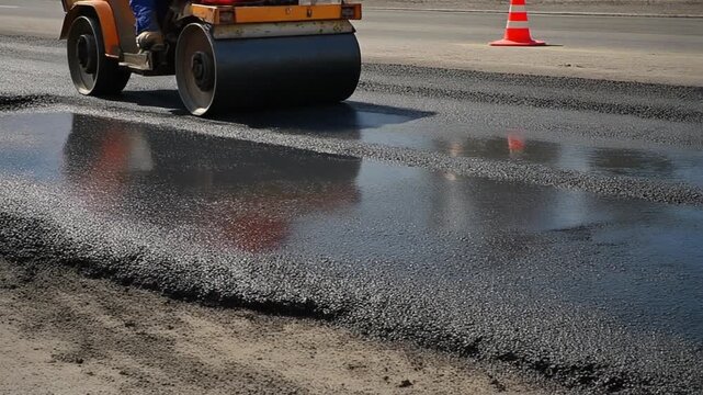 Road Repairing Process Construction Site Roller Machine Flattening Fresh Asphalt Surface Daytime Exterior
