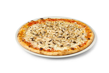 Whole mushroom pizza with cheese and tomato sauce on a white background