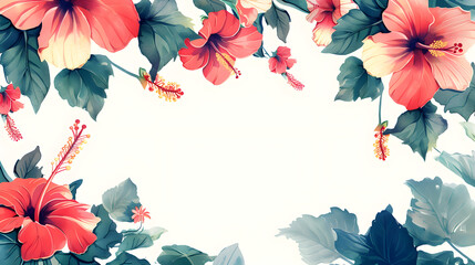 Tropical hibiscus flower frame illustration. Red and pink floral border with green leaves on a white background. Summer botanical design with copy space