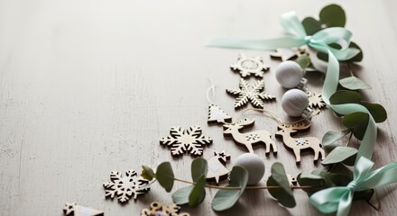 Festive holiday scene featuring wooden ornaments, snowflakes, and evergreen accents, perfect for winter celebrations and seasonal designs