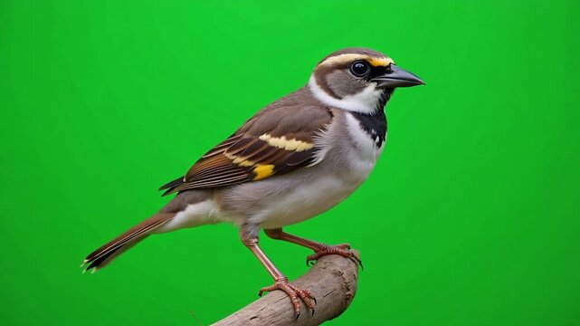 Alert Golden-backed Sparrow perched, ready to take flight against vibrant green backdrop, evoking natural world beauty and animal documentary scene
