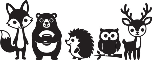 Obraz premium Black and white cartoon silhouettes of a fox, bear, hedgehog, owl, and deer standing in a row Keywords: cartoon, silhouette, animals, fox, bear, hedgehog, owl, deer, forest on transparent background