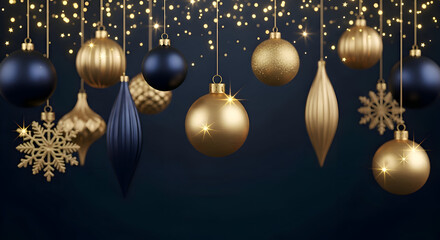 Elegant Christmas ornaments in gold and navy blue hanging baubles and snowflakes festive decoration for holiday season backgrounds and greeting cards