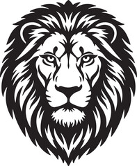 Black and white illustration of a majestic lion's head with a full mane and intense eyes Keywords: lion, head, illustration, black and white, majestic, mane, regal, on transparent background