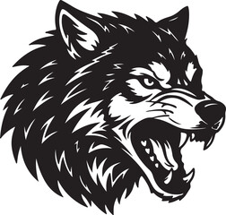 Black and White Illustration of an Aggressive Wolf Head Baring Teeth vector on transparent background