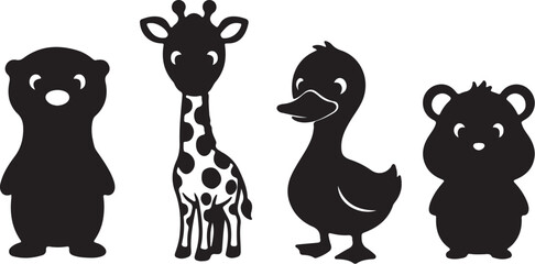 Black and White Silhouettes of Cute Cartoon Animals Otter Giraffe Duck Bear vector illustration on transparent background