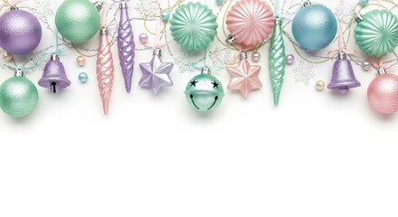 Pastel Christmas ornaments and snowflakes create a whimsical, festive border for holiday promotions and cheerful seasonal designs
