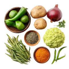 indian meal food ingredient vegetable, A vibrant selection of Indian meal ingredients, featuring fresh coriander, turmeric root, and mixed vegetables, isolated on transparent background