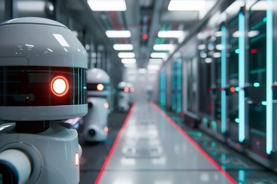 Robots working in a futuristic server room