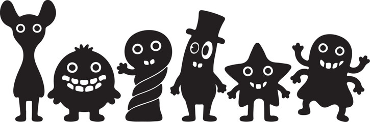 Diverse Silhouettes of Cartoon Monsters with Big Eyes and Teeth on White Background Keywords: monster, cartoon, silhouette, character, creature, alien, funny, cute, spooky, on transparent background