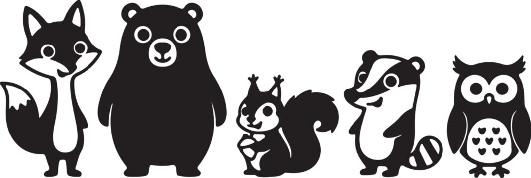 Five Cartoon Forest Animal Silhouettes on White Background animals on transparent background