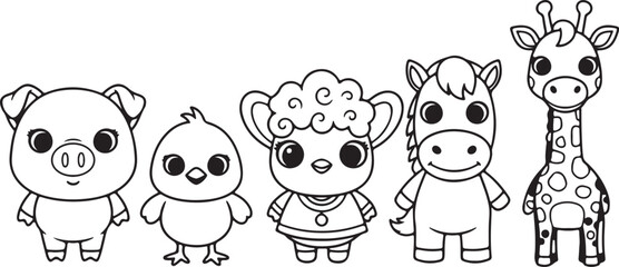 Pig Chick Sheep Horse and Giraffe Coloring Page Characters on White Background vector illustration on transparent background