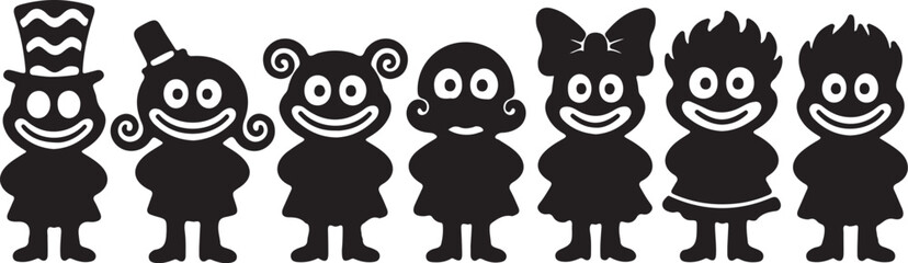 Set of seven black silhouette cartoon characters with diverse headwear and body shapes white background on transparent background