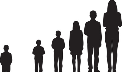 Silhouettes of six people of varying heights arranged in ascending order on a white background human on transparent background