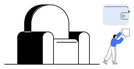Furniture design. Black and white chair outlines showcase interior aesthetics. Wallet financial utility. Furniture blends function and form. For design, interior styling, finance, ecommerce