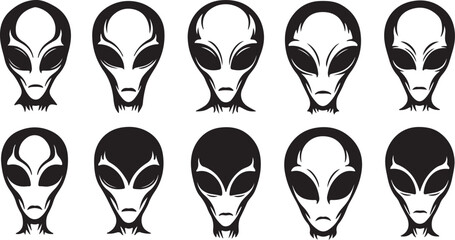 Ten Stylized Alien Heads in Black and White Silhouette Variations extraterrestrial face on transparent background