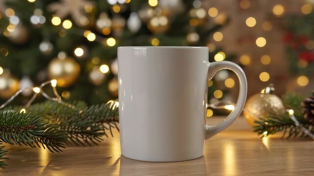 White ceramic mug mockup on wooden table with festive christmas tree lights and decorations in blurred background, cozy holiday