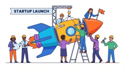 Business team building rocket together flat vector illustration.