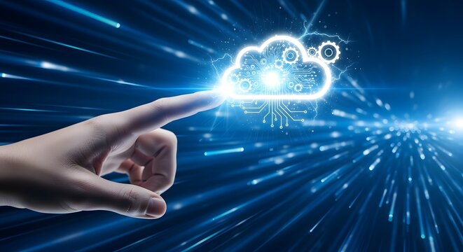 Illustration of cloud computing technology concept with a hand touching a glowing cloud icon against a backdrop of blue light trails, symbolizing data transfer and connectivity
