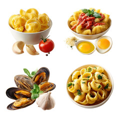 Italian food, A variety of Italian dishes including pasta, pizza, and risotto, beautifully arranged on a rustic wooden table, isolated on transparent background
