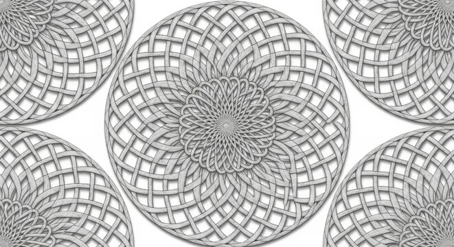 Intricate geometric lattice patterns forming circular mandala-like designs engaging viewers with