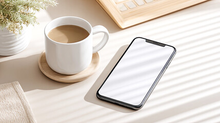 Smartphone Mockups in heller Umgebung, aufgenommen in nat&uuml;rlichem Licht. Neutrale Farben, sanfte Schatten und klarer Fokus auf Ger&auml;t, Oberfl&auml;che und Materialien.